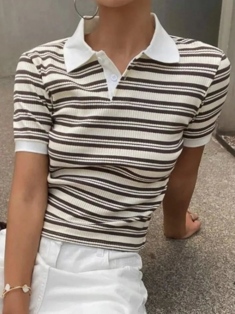 The Margaux Striped Rib-Knit Polo — Toffee
