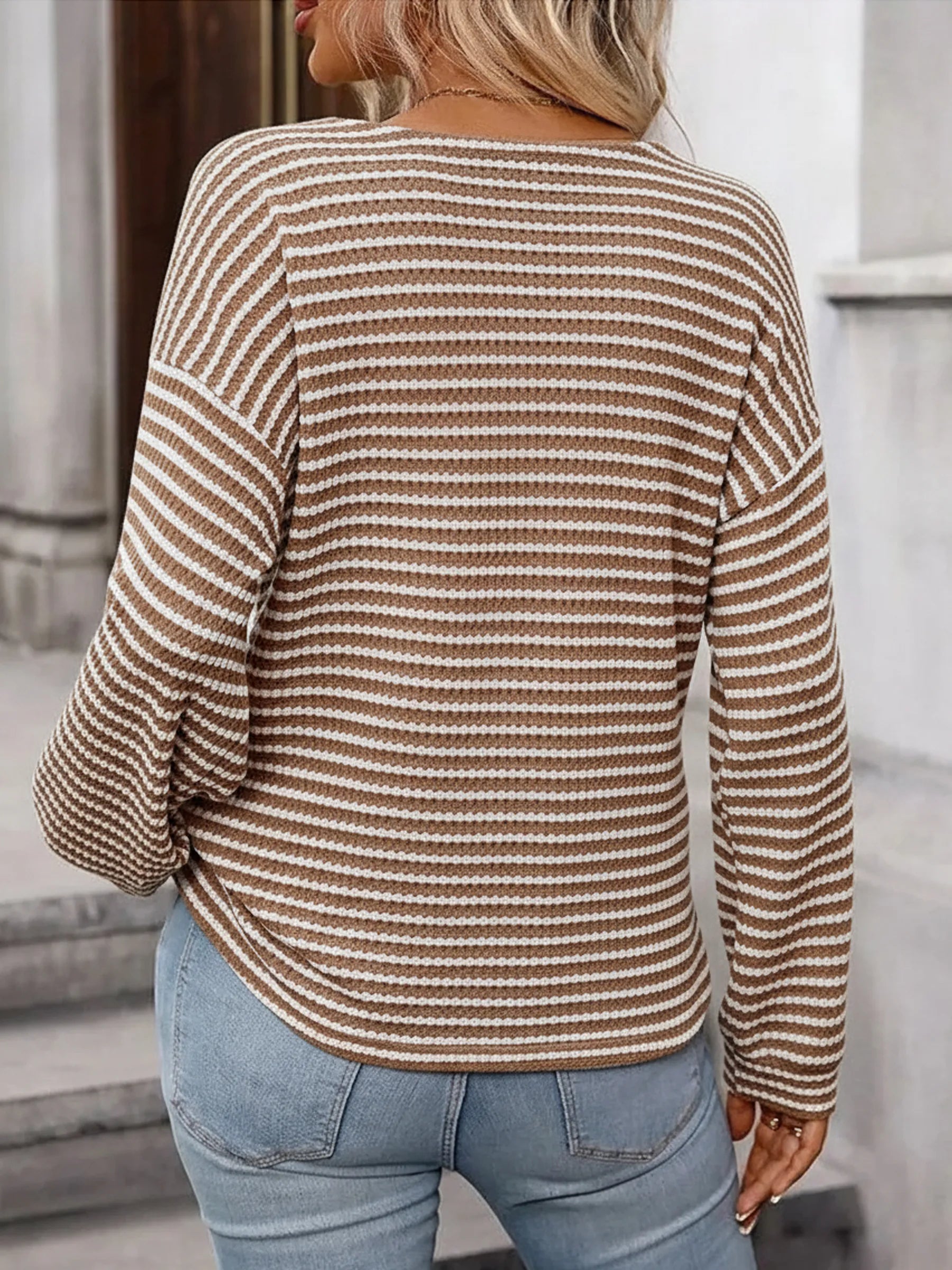 The Colette Striped Henley Top — Mocha