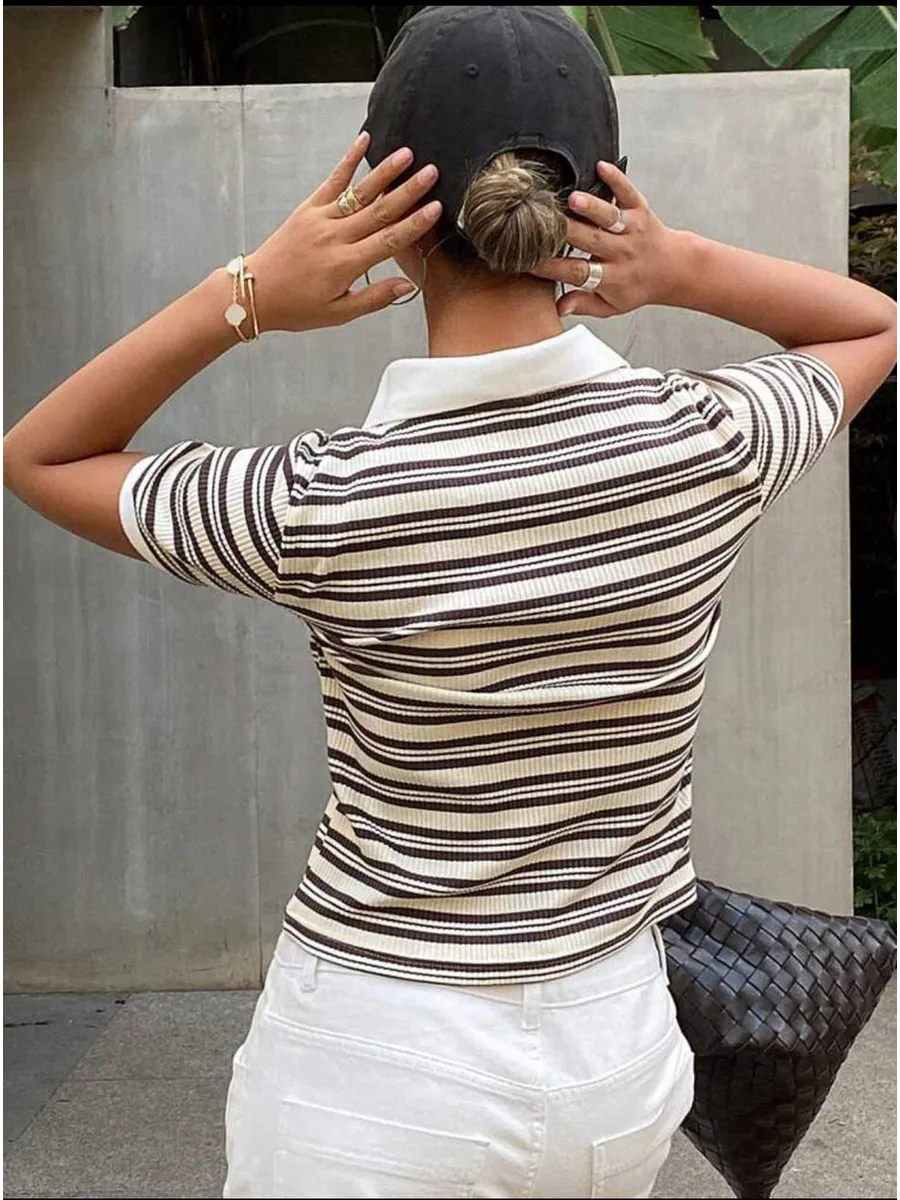 The Margaux Striped Rib-Knit Polo — Toffee