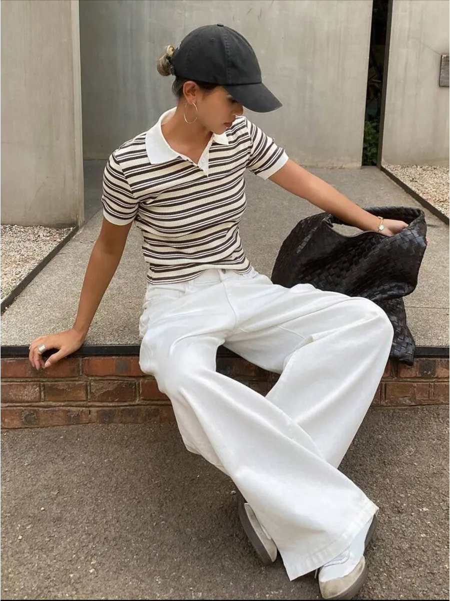 The Margaux Striped Rib-Knit Polo — Toffee