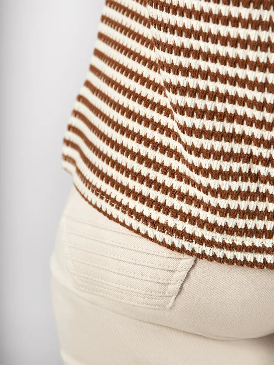 The Colette Striped Henley Top — Mocha