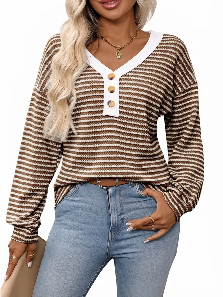 The Colette Striped Henley Top — Mocha