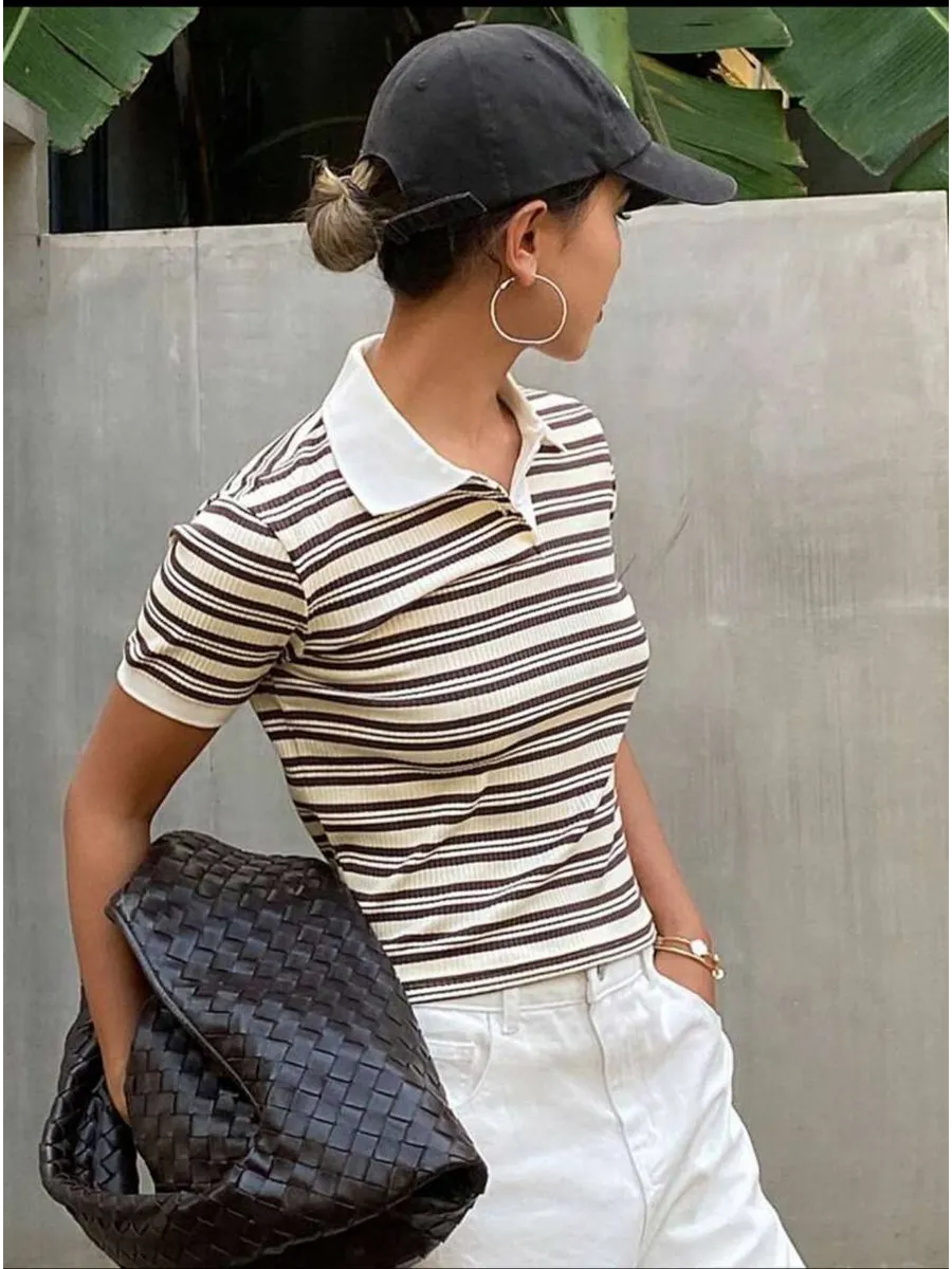 The Margaux Striped Rib-Knit Polo — Toffee