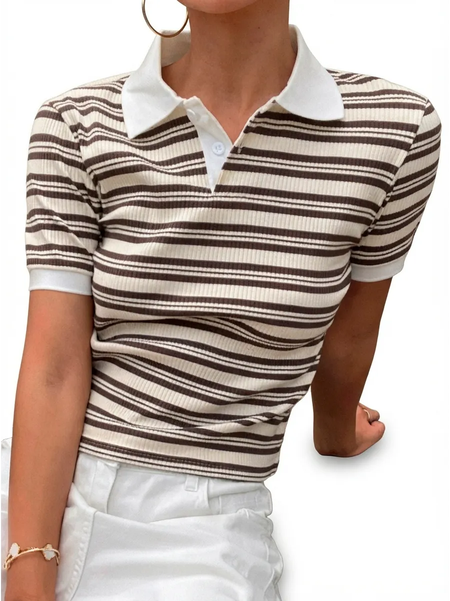 The Margaux Striped Rib-Knit Polo — Toffee